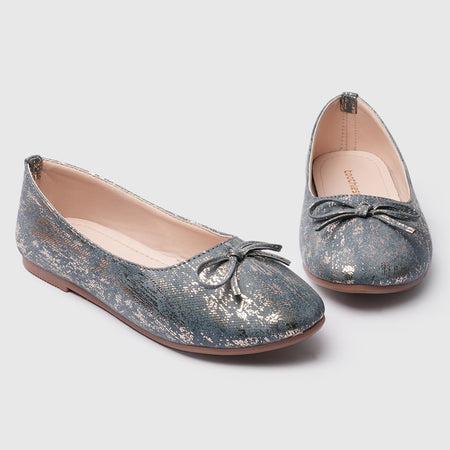 Kids Girls Blue Textured Ballerina Flats with Bow Detail & Flexible TPR Comfort Sole