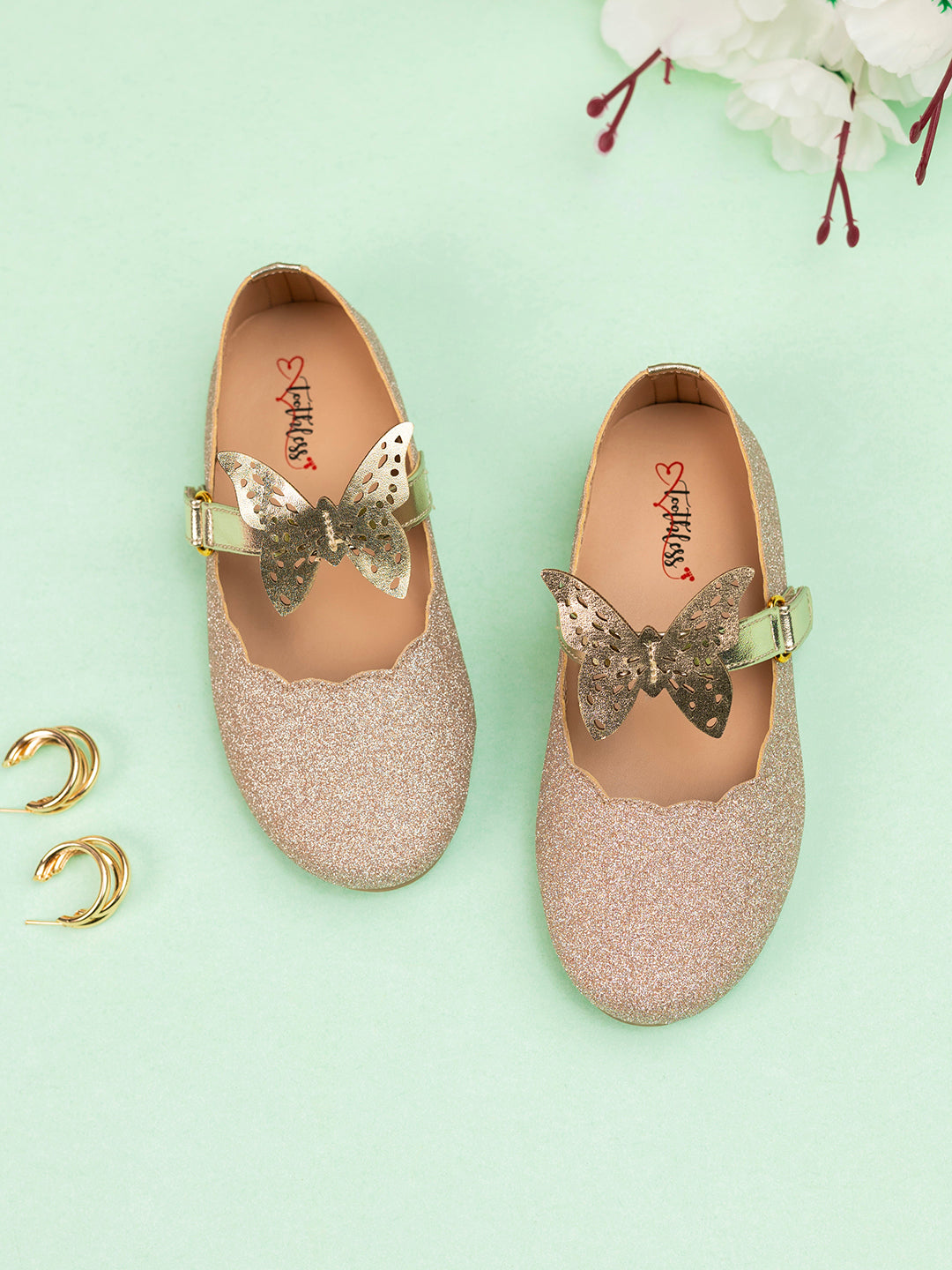 Kids Girls Gold Glitter Butterfly Embellished Design Ballerinas Comfortable for Festive Occasions