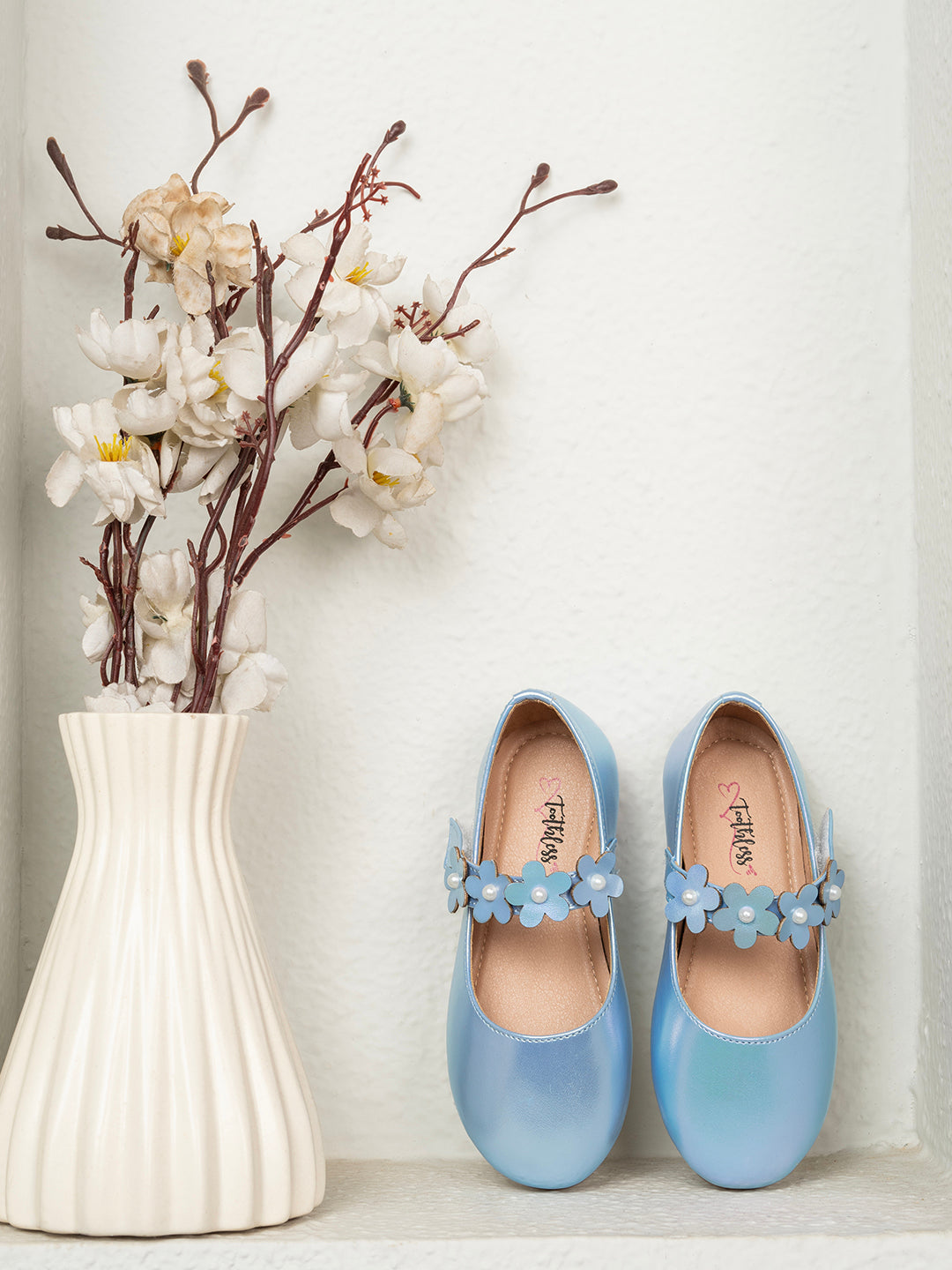 Kids Girls Iridescent Sky Blue Princess Style Ballerinas with Flower Strap