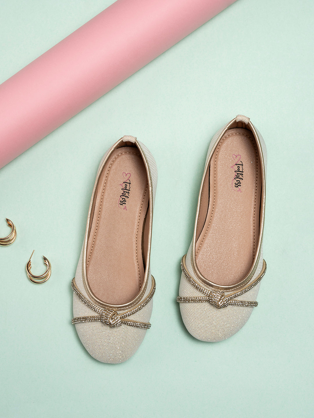 Kids Girls Gold Shimmer Ballerinas with Rhinestone Detail Comfortable Slip-On Ballet Flats