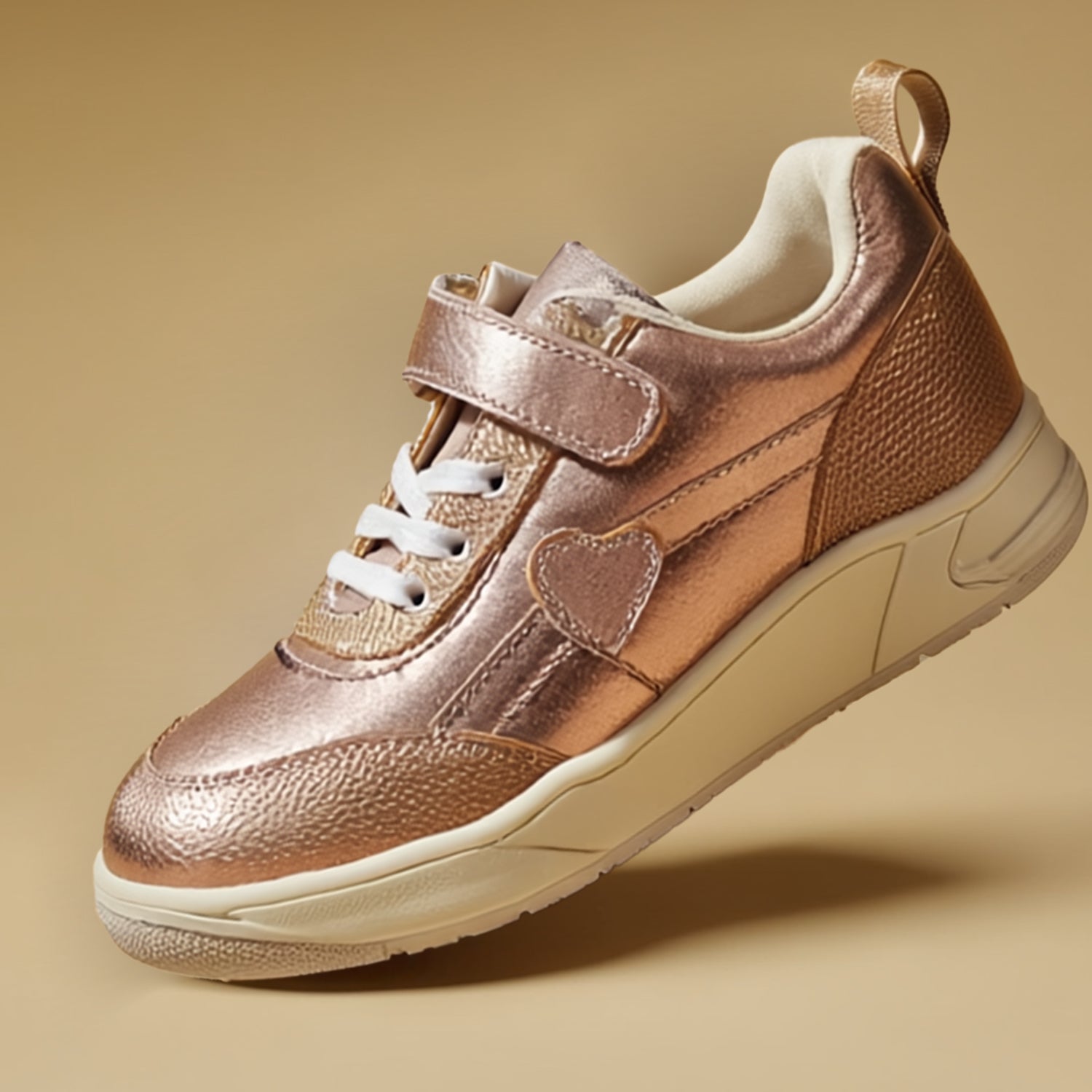Girls Gold Casual Sneakers Fancy PU Upper Shoes with Heart Detail Lightweight Durable Design Velcro Strap Adjustable Fit Anti-Skid Sole Party Wear Footwear for Kids