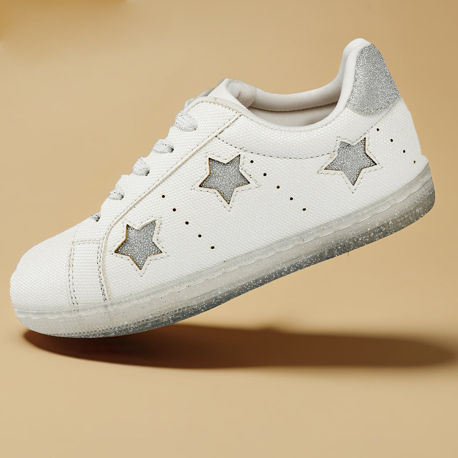 Girls White Glitter Shoes Anti Skid Fashion Shoes with Dazzling Stars Premium Kids Shoes TPR anti-skid sole Lightweight Comfortable Fashion Shoes EVA body
