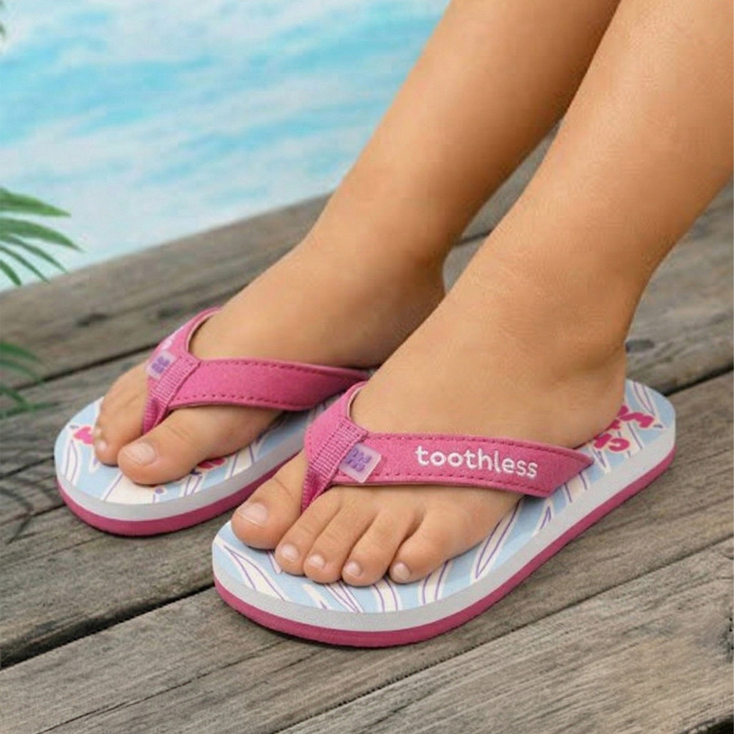 Kids Girls Flip Flops in Pink with Graphic Print, Soft Strap & Cushioned Comfort Sole