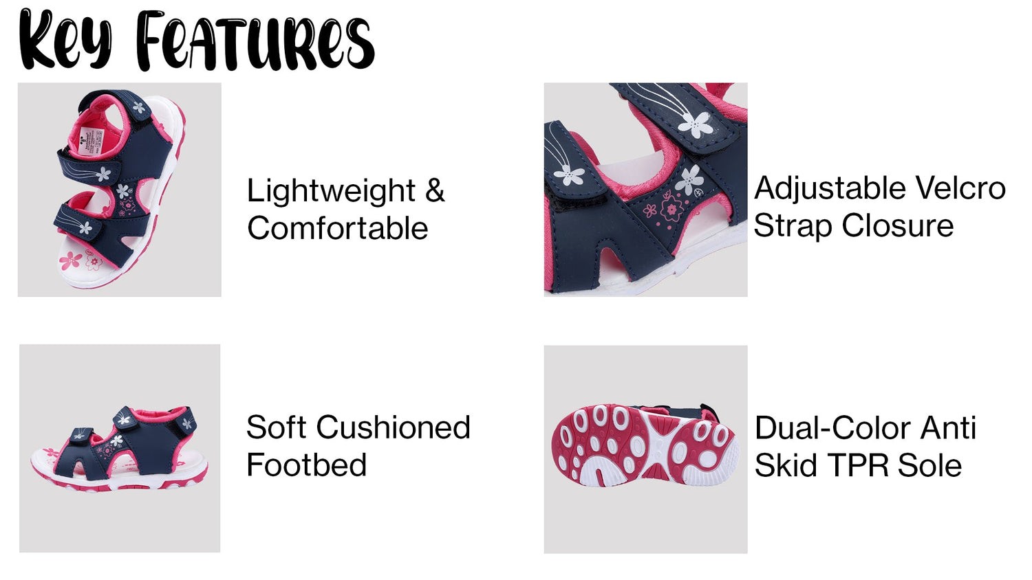 Girls Casual Sandals Printed Synthetic Upper Cushioned Footbed Dual Color Anti-Skid TPR Sole Adjustable Velcro Straps Lightweight & Comfortable
