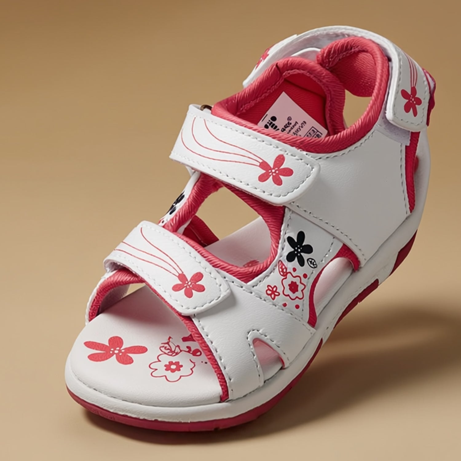 Girls Casual White Sandals Printed PU Upper & Cushioned Footbed Dual Color Anti-Skid TPR Sole Adjustable Velcro Straps Lightweight & Comfortable