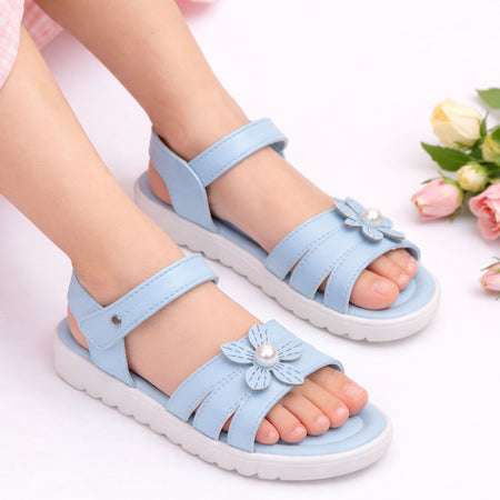 Girls Sky Blue Floral Detail Sandals
