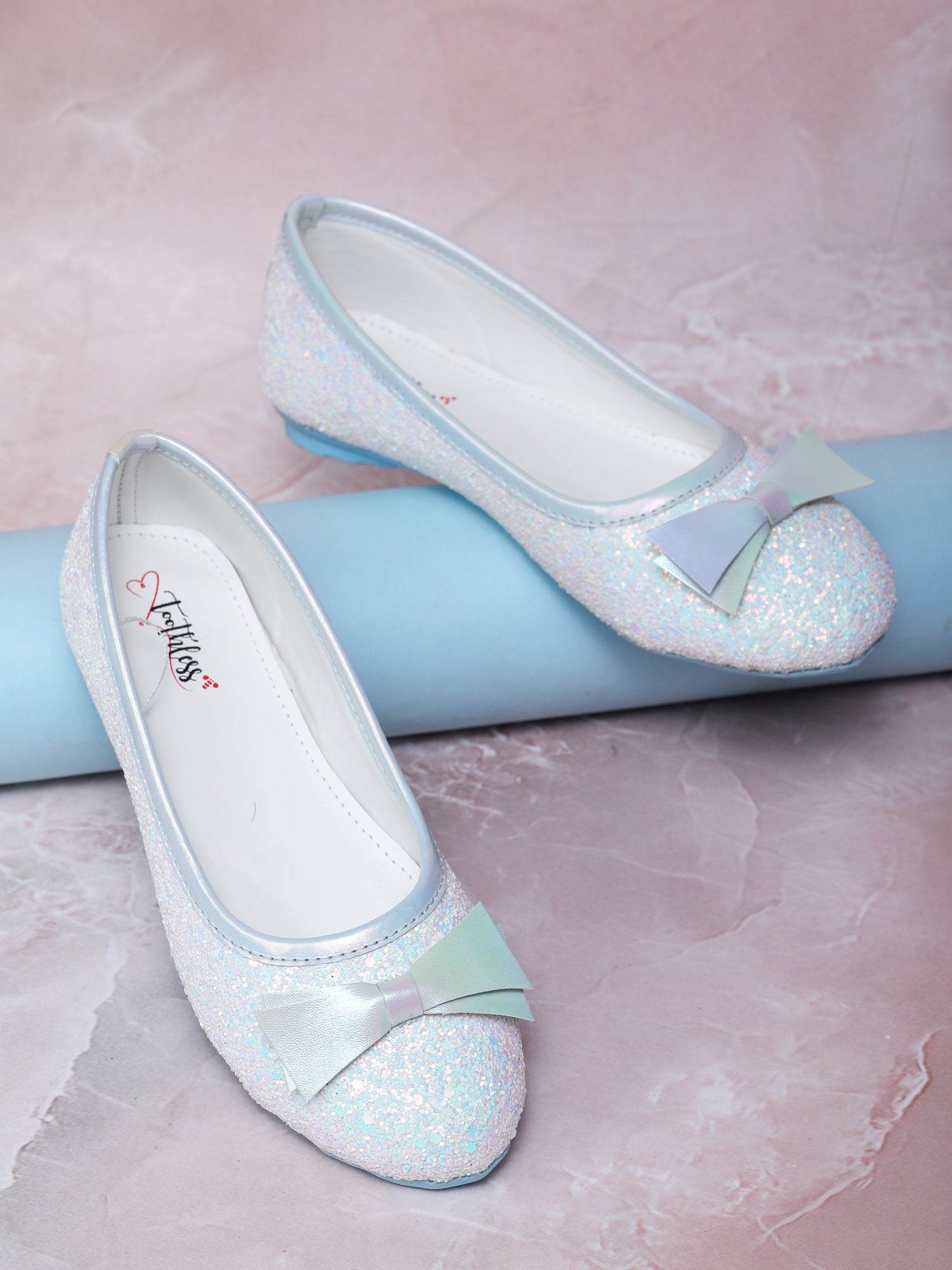 Kids Girls White Glitter Ballerinas with Soft Bow Detail Sparkly Belly Shoes