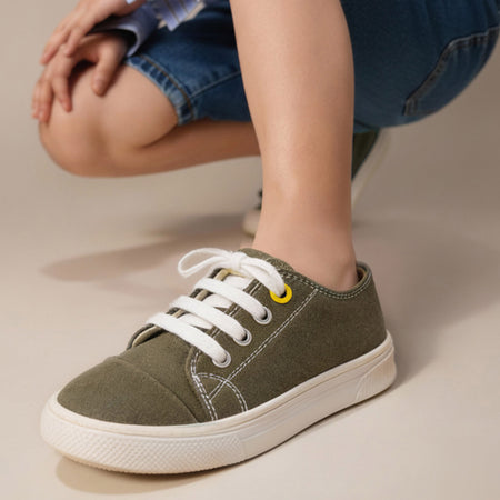Kids Low-Top Olive Canvas Shoes with Lace-Up Closure
